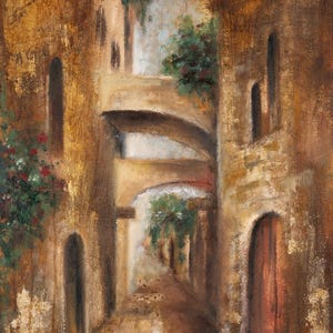 May include: An oil painting depicting a narrow alleyway with stone walls, arched passageways, and textured brown and gold tones. Green foliage and red flowers grow along the sides of the buildings, and a signature is visible in the bottom left corner.