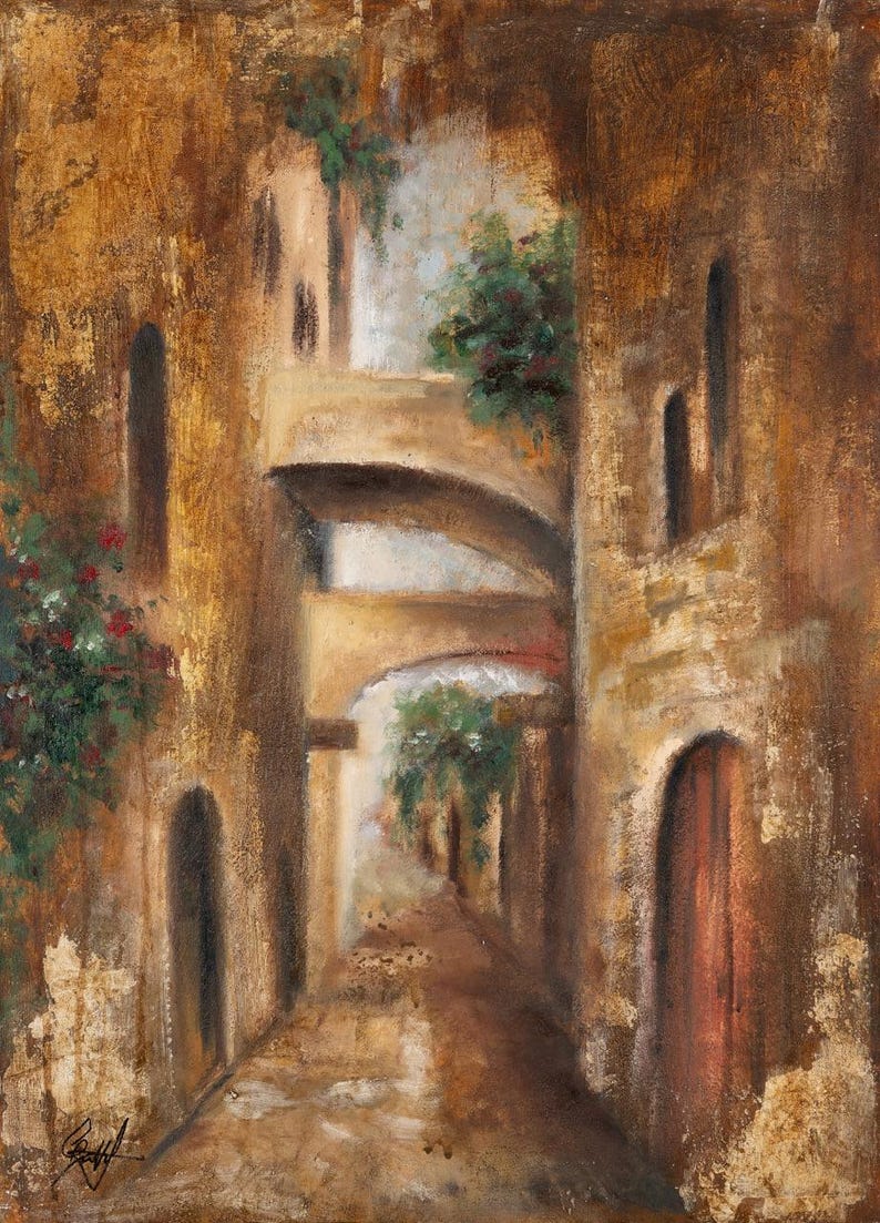 May include: An oil painting depicting a narrow alleyway with stone walls, arched passageways, and textured brown and gold tones. Green foliage and red flowers grow along the sides of the buildings, and a signature is visible in the bottom left corner.