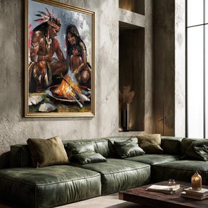Origineel olieverfschilderij 'Cirkel van Vuur', kunst van een Indiaanse familie, culturele figuratieve muurdecoratie afbeelding 2