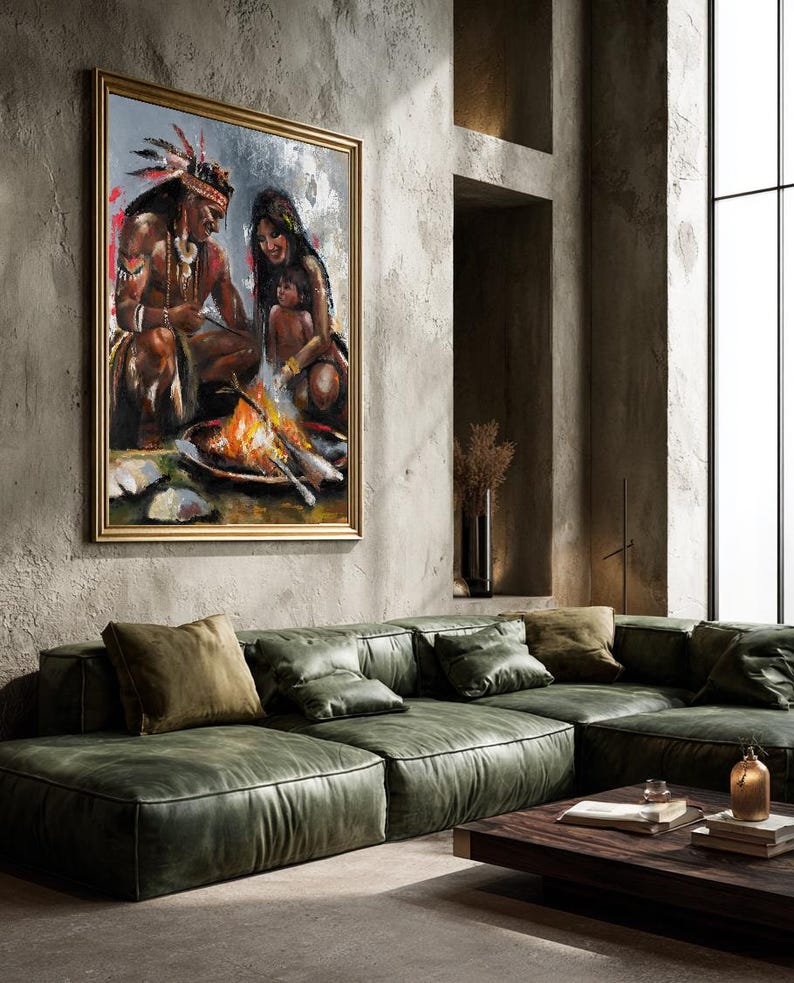 Origineel olieverfschilderij 'Cirkel van Vuur', kunst van een Indiaanse familie, culturele figuratieve muurdecoratie afbeelding 2