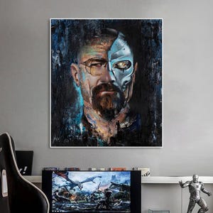 May include: A rectangular wall art print featuring a portrait of a man with a beard and glasses. The left side shows a realistic human face, while the right side reveals a metallic, robotic cyborg structure with a glowing eye against a dark background.