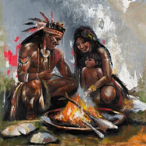 May include: An oil painting depicting a family of three gathered around a campfire. A person wearing a feathered headdress sits opposite another person holding a small child. The scene features warm orange flames, dark shadows, and textured brushstrokes.