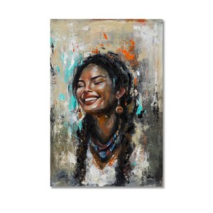 May include: An oil painting on canvas depicting a smiling person with dark hair in braids, wearing circular earrings and a multi-colored necklace. The background features textured brushstrokes in shades of beige, gray, white, and vibrant orange.