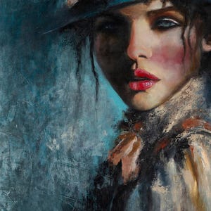 May include: An oil painting portrait of a person wearing a dark blue hat adorned with floral accents. The subject has striking blue eyes, vibrant red lips, and a high-collared garment with textured brown and cream details against a blue background.