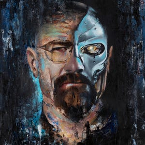 May include: A textured oil painting depicting a man with a goatee and glasses on the left side of his face, while the right side transitions into a metallic, robotic cyborg structure with a glowing yellow eye against a dark blue and black background.