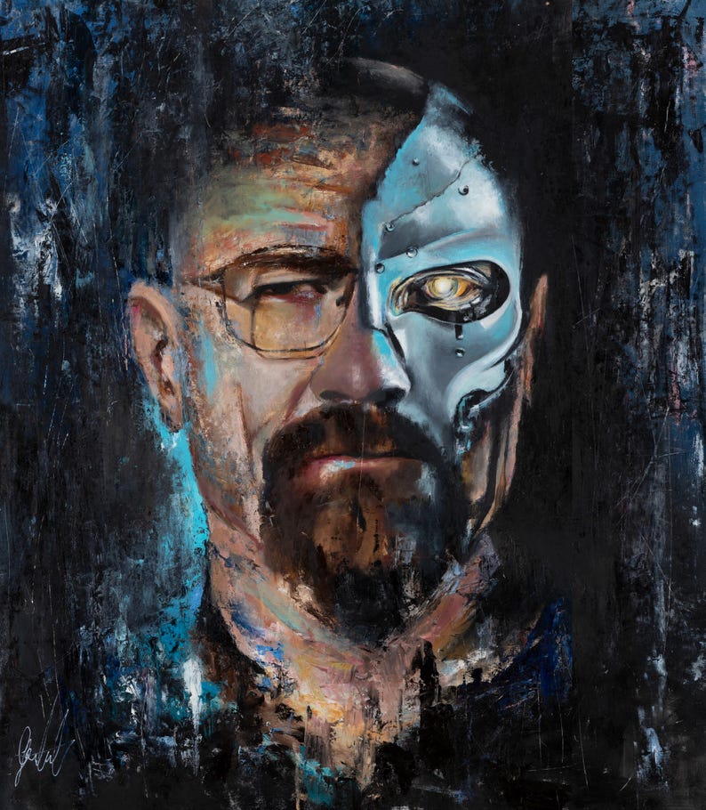 May include: A textured oil painting depicting a man with a goatee and glasses on the left side of his face, while the right side transitions into a metallic, robotic cyborg structure with a glowing yellow eye against a dark blue and black background.