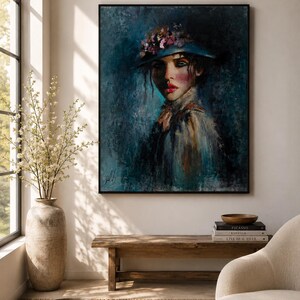 Anna Original Oil Painting, Elegant Woman Portrait with Flower Hat, Moody Figurative Wall Art image 6