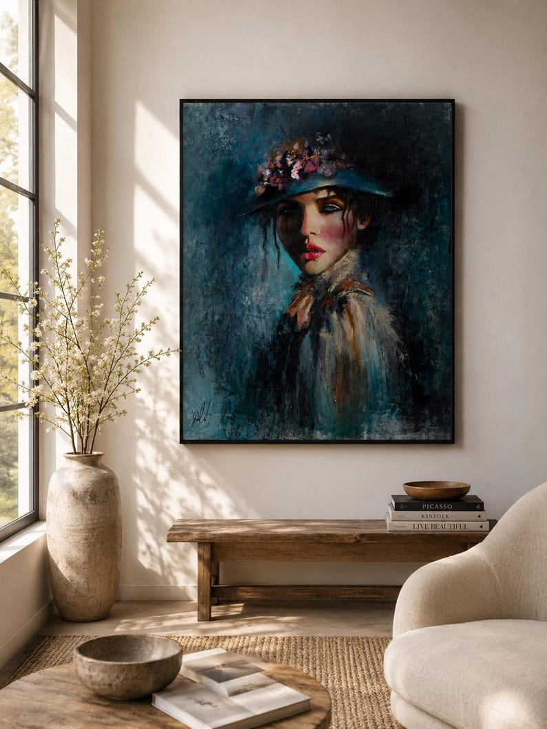 Anna Original Oil Painting, Elegant Woman Portrait with Flower Hat, Moody Figurative Wall Art image 6