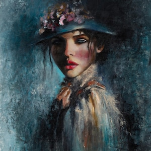 May include: An oil painting on canvas depicting a person wearing a wide-brimmed blue hat adorned with pink and white floral accents. The subject has dark hair, bright red lips, and wears a high-collared white garment against a dark blue background.