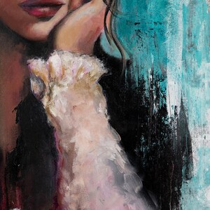 May include: An oil painting on canvas depicting a person with dark hair resting their chin on a hand. The subject wears a black garment with a textured, ruffled white sleeve. The background features abstract strokes of vibrant turquoise and black paint.