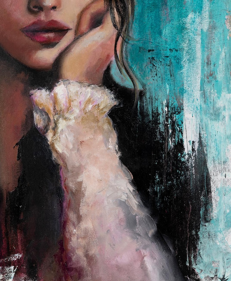 May include: An oil painting on canvas depicting a person with dark hair resting their chin on a hand. The subject wears a black garment with a textured, ruffled white sleeve. The background features abstract strokes of vibrant turquoise and black paint.