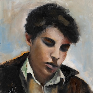 May include: An oil painting portrait of a person with dark, curly hair and closed eyes, wearing a white collared shirt under a dark brown jacket. The brushwork is visible, with soft light and shadow across the face and a light, neutral background.