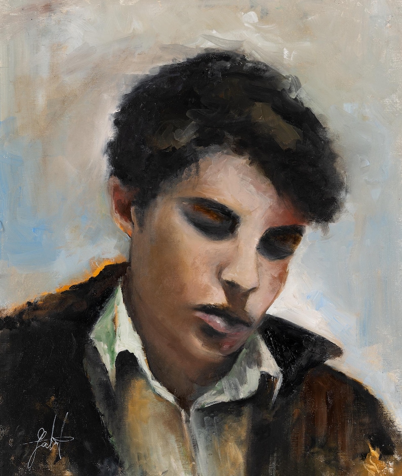 May include: An oil painting portrait of a person with dark, curly hair and closed eyes, wearing a white collared shirt under a dark brown jacket. The brushwork is visible, with soft light and shadow across the face and a light, neutral background.