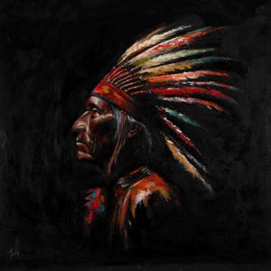 May include: An oil painting depicting the profile of an Indigenous person wearing a vibrant, multi-colored feathered headdress against a dark, solid black background. The artwork features textured brushstrokes in shades of red, orange, and white.