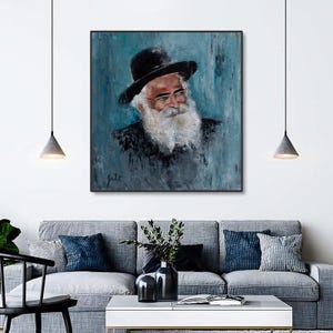 May include: A painting of a man with a long white beard wearing a black hat and glasses. The background is a blue and green abstract design.