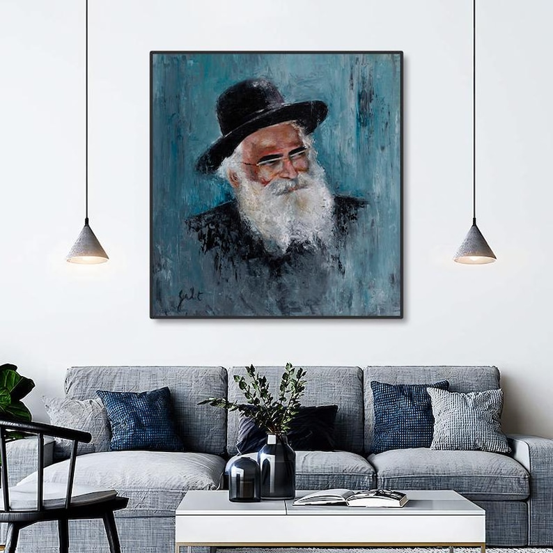 May include: A painting of a man with a long white beard wearing a black hat and glasses. The background is a blue and green abstract design.