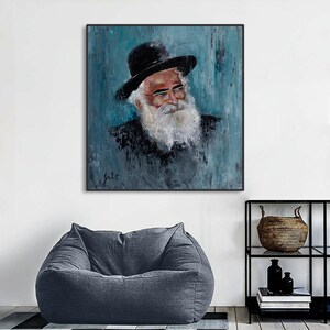 May include: A painting of a man with a long white beard wearing a black hat and glasses. The background is a blue and green abstract design.