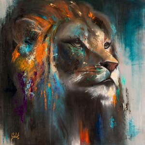 May include: A square canvas painting depicting the profile of a lion's head. The artwork features expressive, textured brushstrokes in shades of dark brown, black, orange, and vibrant teal. The signature Galit is visible in the bottom left corner.