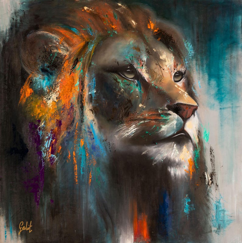 May include: A square canvas painting depicting the profile of a lion's head. The artwork features expressive, textured brushstrokes in shades of dark brown, black, orange, and vibrant teal. The signature Galit is visible in the bottom left corner.