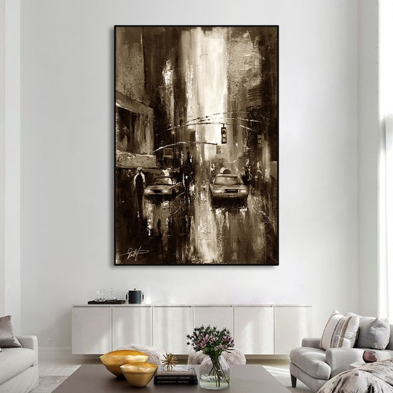 May include: A sepia-toned abstract painting of a city street with two cars and a pedestrian. The painting is done in a loose, gestural style with thick brushstrokes.