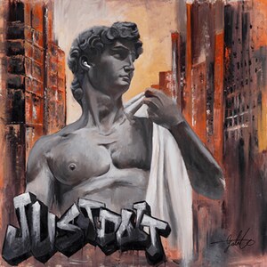 May include: A painting of a statue of a man with a white cloth draped over his shoulder. The statue is in front of a cityscape with orange and brown buildings. The words "JUST DO IT" are painted in black and grey on the bottom of the painting.