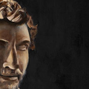 May include: An oil painting on canvas depicting the left side of a person's face with brown hair, a short beard, and closed eyes. The subject is illuminated by a warm light source from the left, contrasting against a solid, dark black background.