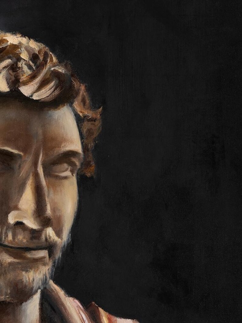 May include: An oil painting on canvas depicting the left side of a person's face with brown hair, a short beard, and closed eyes. The subject is illuminated by a warm light source from the left, contrasting against a solid, dark black background.