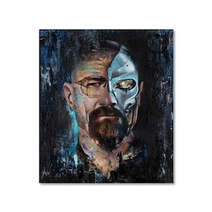 May include: A rectangular canvas painting featuring a portrait of a man with a beard and glasses. The left side shows a human face, while the right side depicts a metallic, robotic skull structure with a glowing eye. The background is dark blue and black.