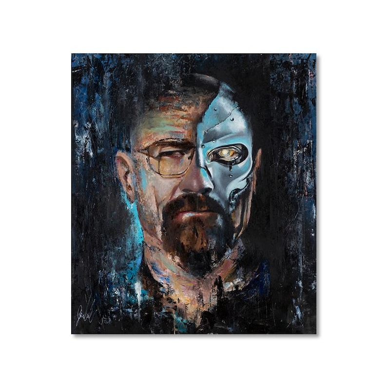 May include: A rectangular canvas painting featuring a portrait of a man with a beard and glasses. The left side shows a human face, while the right side depicts a metallic, robotic skull structure with a glowing eye. The background is dark blue and black.