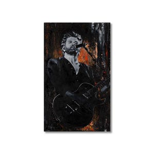 May include: A vertical painting depicting a musician singing into a microphone while playing an electric guitar. The artwork features a dark, moody color palette with deep blacks, charcoal grays, and vibrant streaks of orange and red accents.