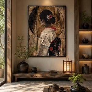 May include: A large rectangular wall art piece featuring a portrait of a person seen from behind, wearing a white kimono with a black and red floral obi. The background includes a large gold circle and textured dark tones, framed in black.