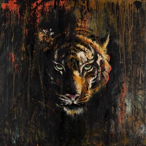 May include: A square canvas painting featuring the intense, forward-facing head of a tiger with piercing green eyes. The artwork utilizes a dark, moody palette of black, deep orange, and brown, with visible paint drips and textured brushstrokes.