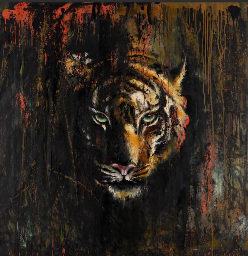 May include: A square canvas painting featuring the intense, forward-facing head of a tiger with piercing green eyes. The artwork utilizes a dark, moody palette of black, deep orange, and brown, with visible paint drips and textured brushstrokes.