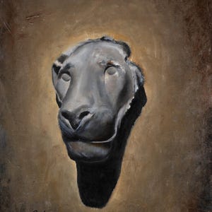 May include: An oil painting on canvas depicting a dark gray, sculptural head of a feline creature centered against a textured, muted brown background. The artwork features visible brushstrokes and a signature in the bottom left corner.