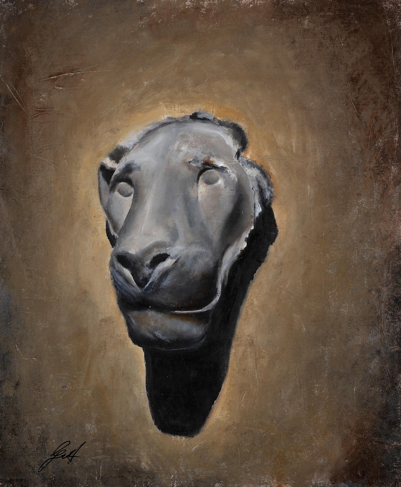 May include: An oil painting on canvas depicting a dark gray, sculptural head of a feline creature centered against a textured, muted brown background. The artwork features visible brushstrokes and a signature in the bottom left corner.