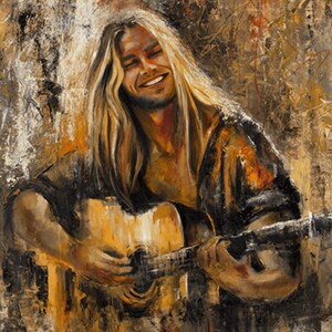 Pode incluir: Uma pintura a &oacute;leo retratando uma pessoa de cabelos loiros longos sorrindo enquanto toca um viol&atilde;o. A obra apresenta um estilo texturizado e expressivo com uma paleta de cores dominada por tons de marrom, dourado, preto e branco.