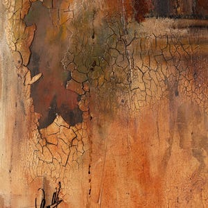 May include: An abstract painting featuring a heavily cracked, distressed texture in shades of burnt orange, ochre, and deep brown. The surface displays a weathered, peeling effect with dark fissures throughout and a black signature in the bottom left.