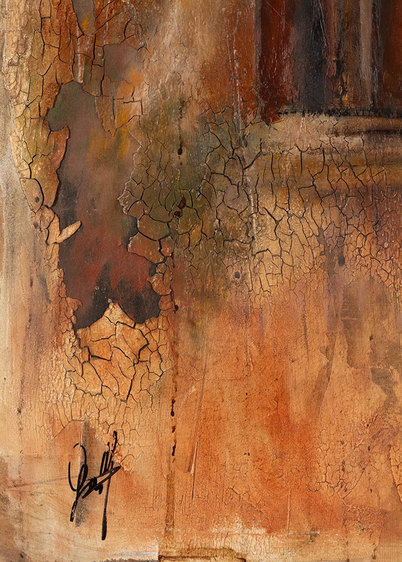 May include: An abstract painting featuring a heavily cracked, distressed texture in shades of burnt orange, ochre, and deep brown. The surface displays a weathered, peeling effect with dark fissures throughout and a black signature in the bottom left.