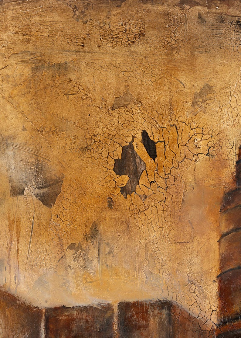 May include: A rectangular painting featuring a heavily textured surface with a cracked, golden-brown finish. The composition displays layers of ochre, bronze, and dark brown tones, with a prominent central fissure revealing a dark, deep void.