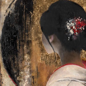 May include: A painting depicting a person with dark hair styled in an updo adorned with small red and white flowers. The person wears a white garment with a red collar, positioned against a textured background featuring a large black circle and gold leaf.