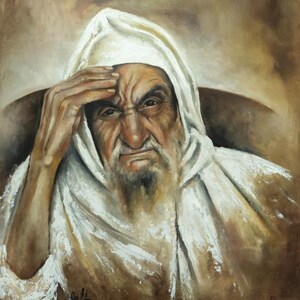 May include: An oil painting depicting an elderly individual with a long beard and a white head covering. The subject has a furrowed brow and one hand resting against their forehead. The background features blended shades of brown and tan tones.