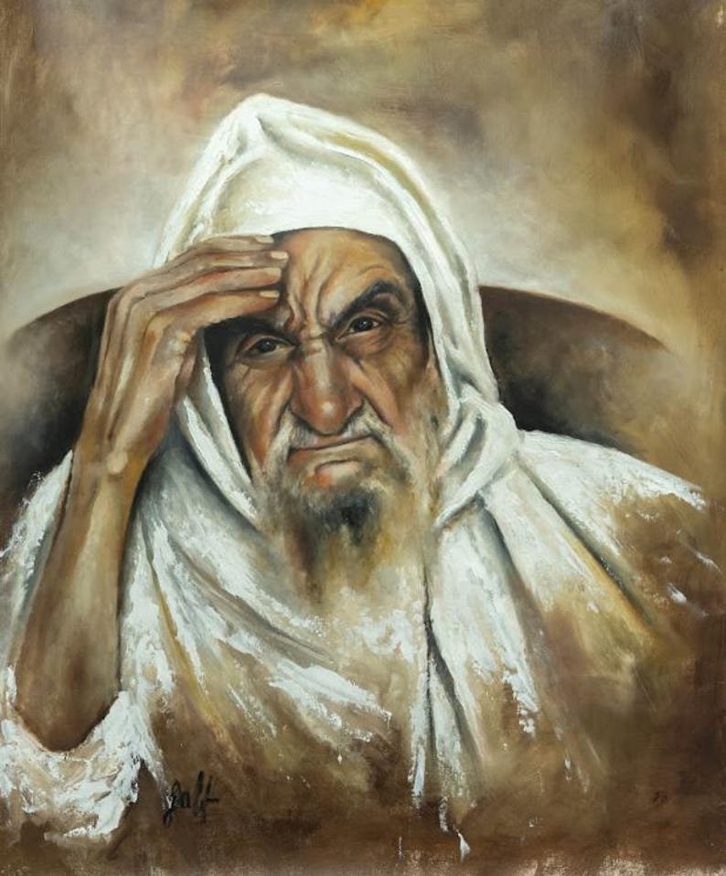 May include: An oil painting depicting an elderly individual with a long beard and a white head covering. The subject has a furrowed brow and one hand resting against their forehead. The background features blended shades of brown and tan tones.