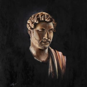 May include: An oil painting of a classical bust featuring a person with short, wavy hair and a light beard. The figure is draped in a garment with reddish-brown and cream stripes against a solid black background, rendered in a realistic style.
