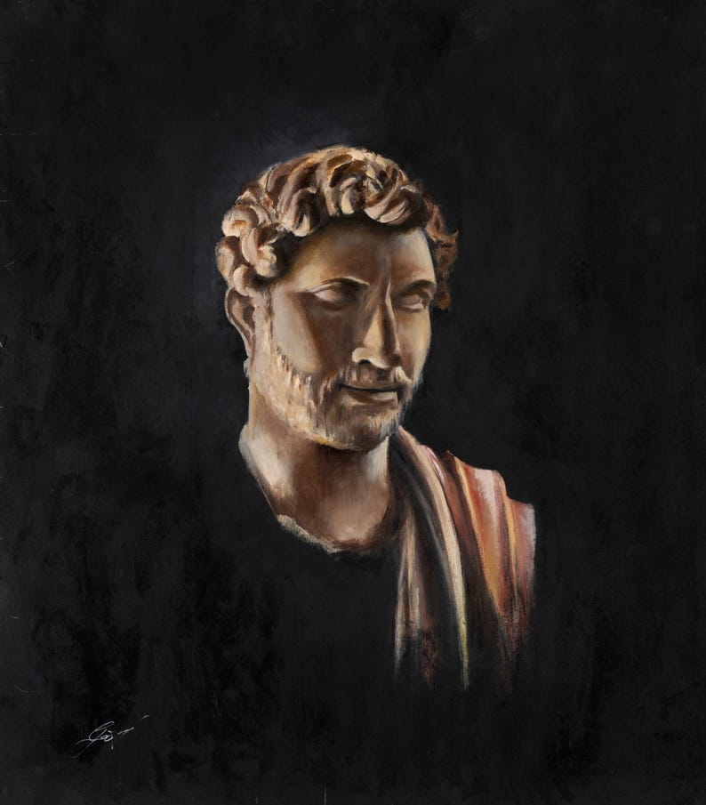 May include: An oil painting of a classical bust featuring a person with short, wavy hair and a light beard. The figure is draped in a garment with reddish-brown and cream stripes against a solid black background, rendered in a realistic style.