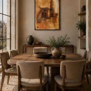 May include: A rectangular framed painting featuring an abstract architectural scene in warm shades of ochre, brown, and orange. The artwork displays a tall tower and arched structures with a textured, weathered finish, mounted on a neutral wall.