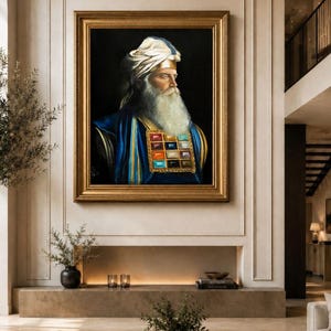 May include: A framed oil painting depicting a bearded figure in profile wearing a white turban with a gold band and a blue robe. A rectangular chest piece featuring twelve colourful, square-shaped gemstones is worn over the chest against a dark background.