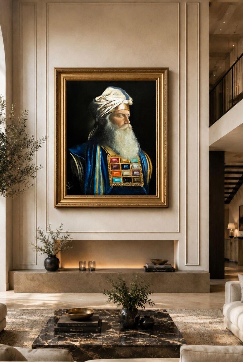 May include: A framed oil painting depicting a bearded figure in profile wearing a white turban with a gold band and a blue robe. A rectangular chest piece featuring twelve colourful, square-shaped gemstones is worn over the chest against a dark background.