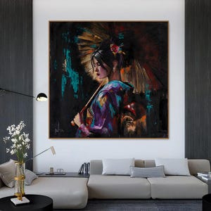May include: A painting of a woman in a purple and blue kimono holding a traditional Japanese umbrella. The background is a dark, abstract design with splashes of turquoise and gold.