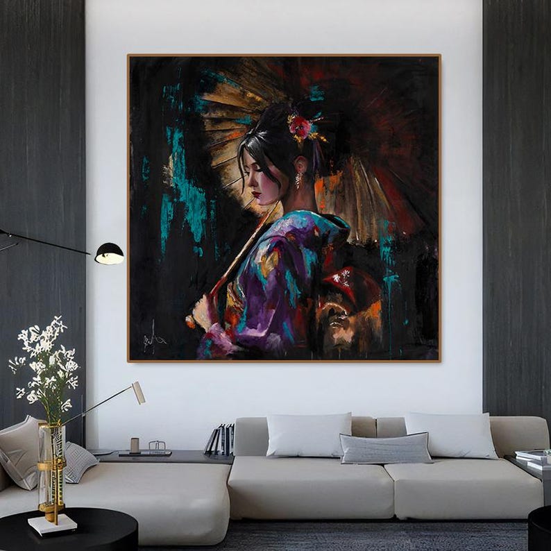 May include: A painting of a woman in a purple and blue kimono holding a traditional Japanese umbrella. The background is a dark, abstract design with splashes of turquoise and gold.