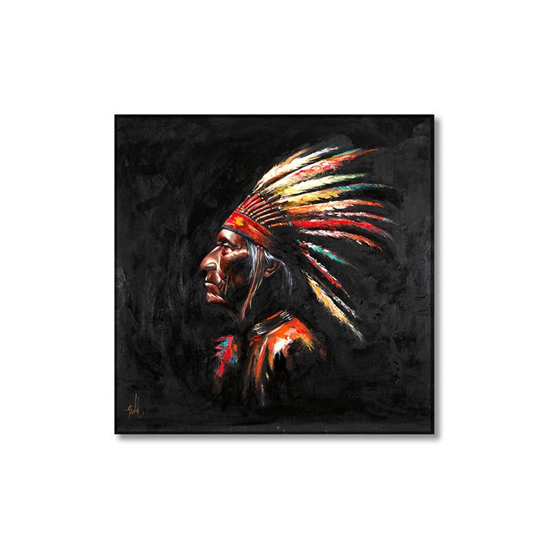 May include: A square oil painting on a black background depicting the profile of a person wearing a large, vibrant feathered headdress. The feathers are rendered in shades of yellow, orange, red, and teal, with thick, textured brushstrokes throughout.